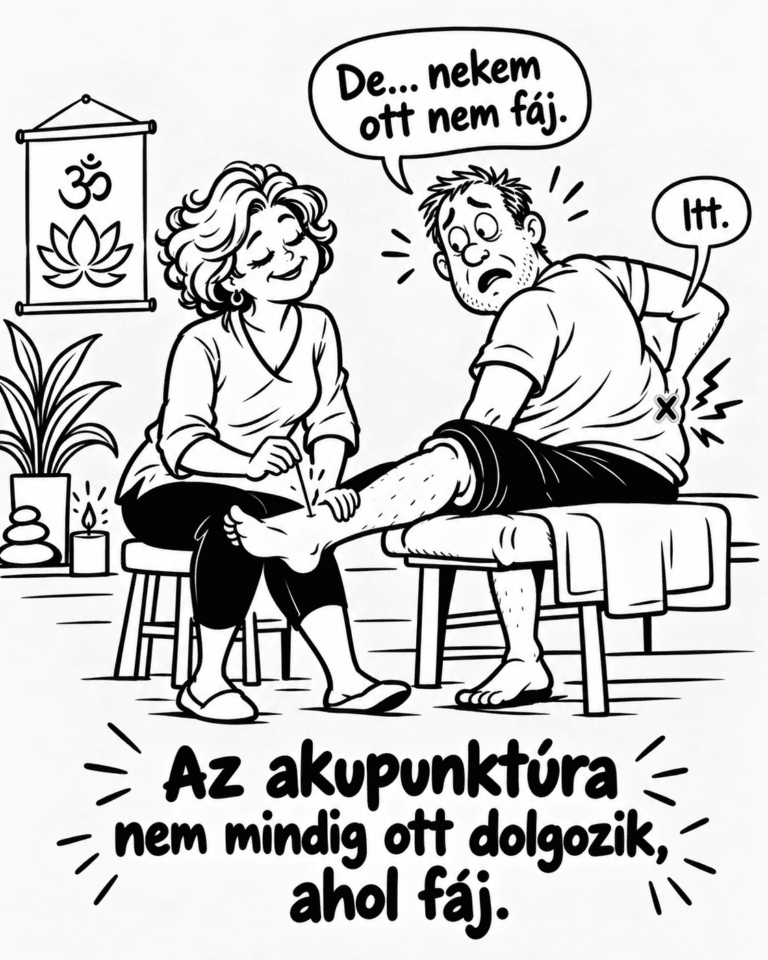 akupunktura témáju karikatura-a páciens mutatja hol fáj, a kezelő pedig egész máshol szúr